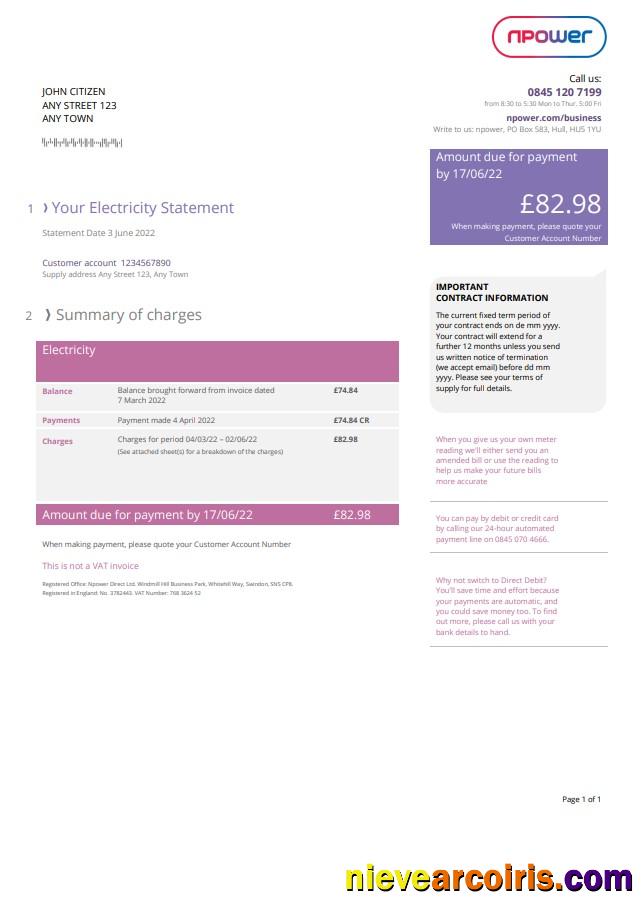 United Kingdom Npower utility bill